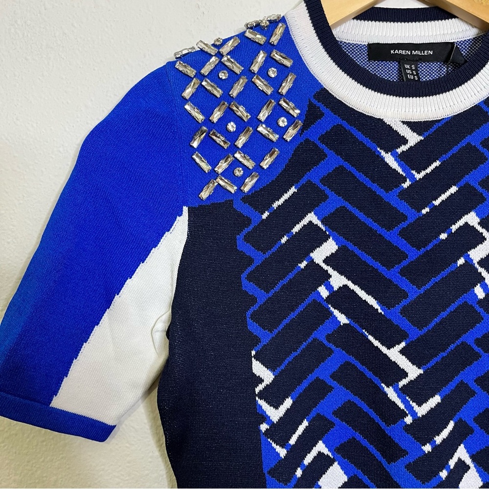 Karen Millen Blue Black sporty jacquard knit top embellished Geometric Blouse S - Picture 8 of 9